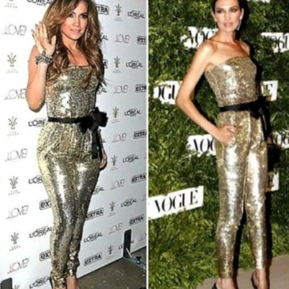 💋 BEBE strapless gold sequin sparkle jumpsuit S small 💋